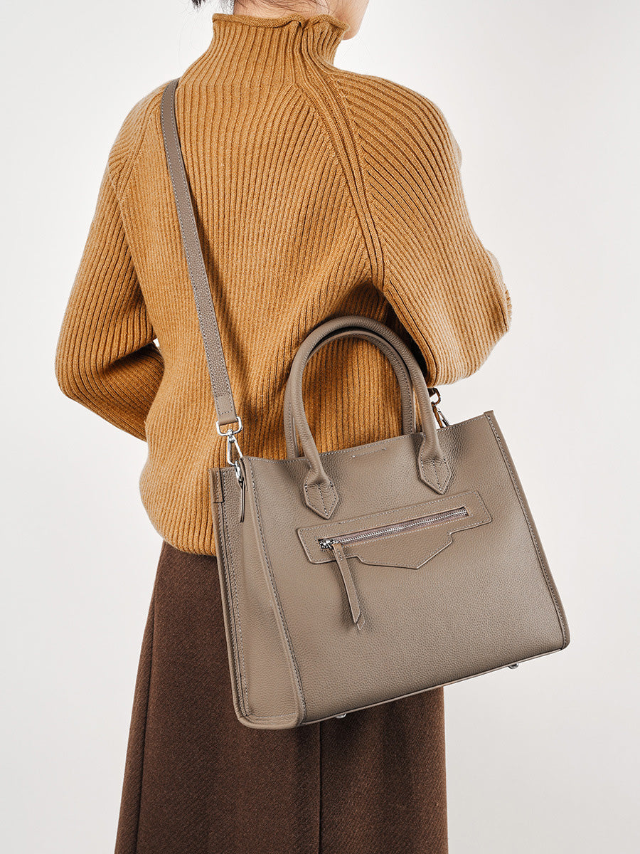 Grain Leather Zip-Pocket Handbag