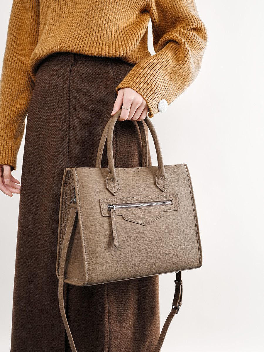 Grain Leather Zip-Pocket Handbag