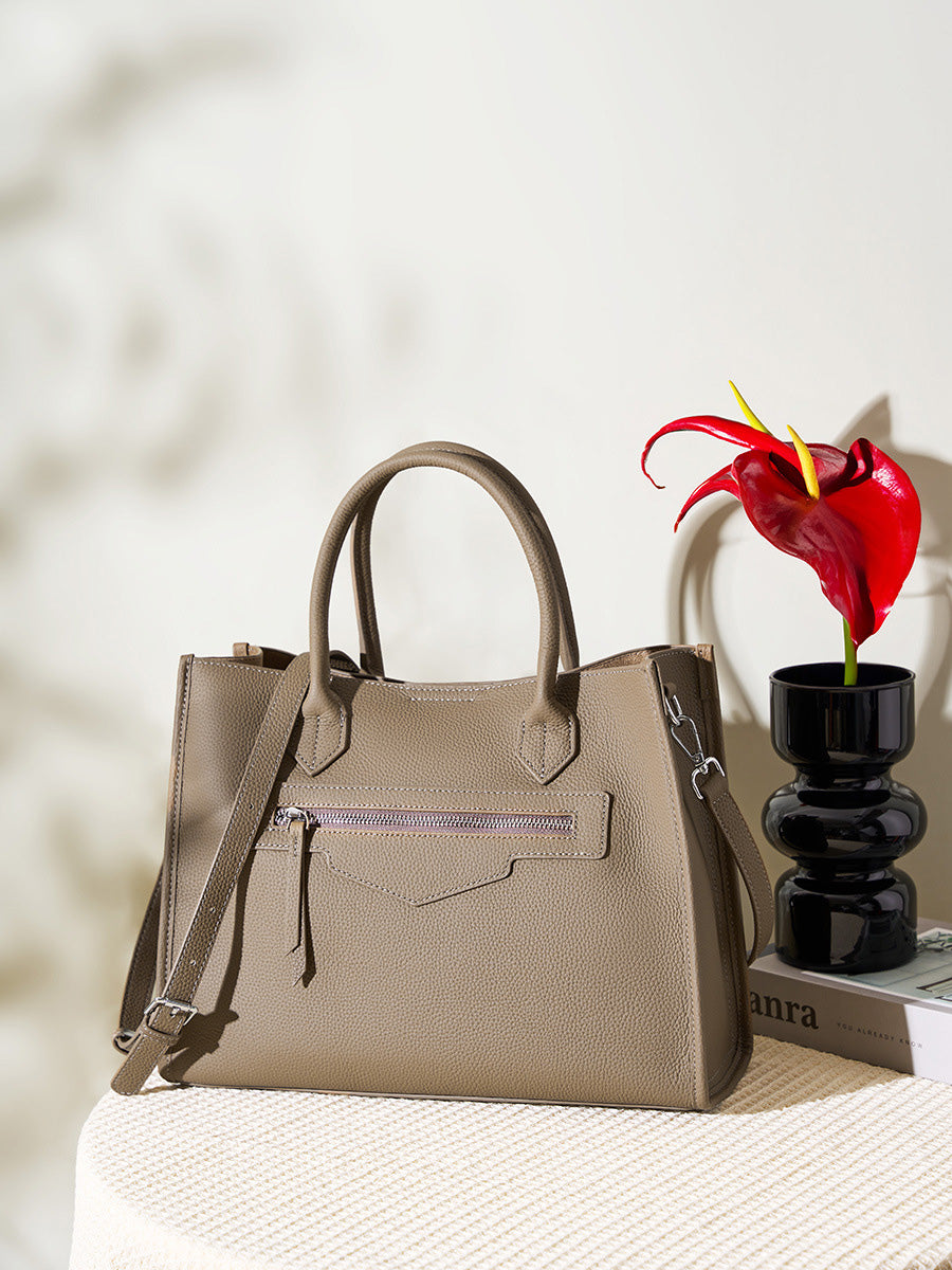 Grain Leather Zip-Pocket Handbag