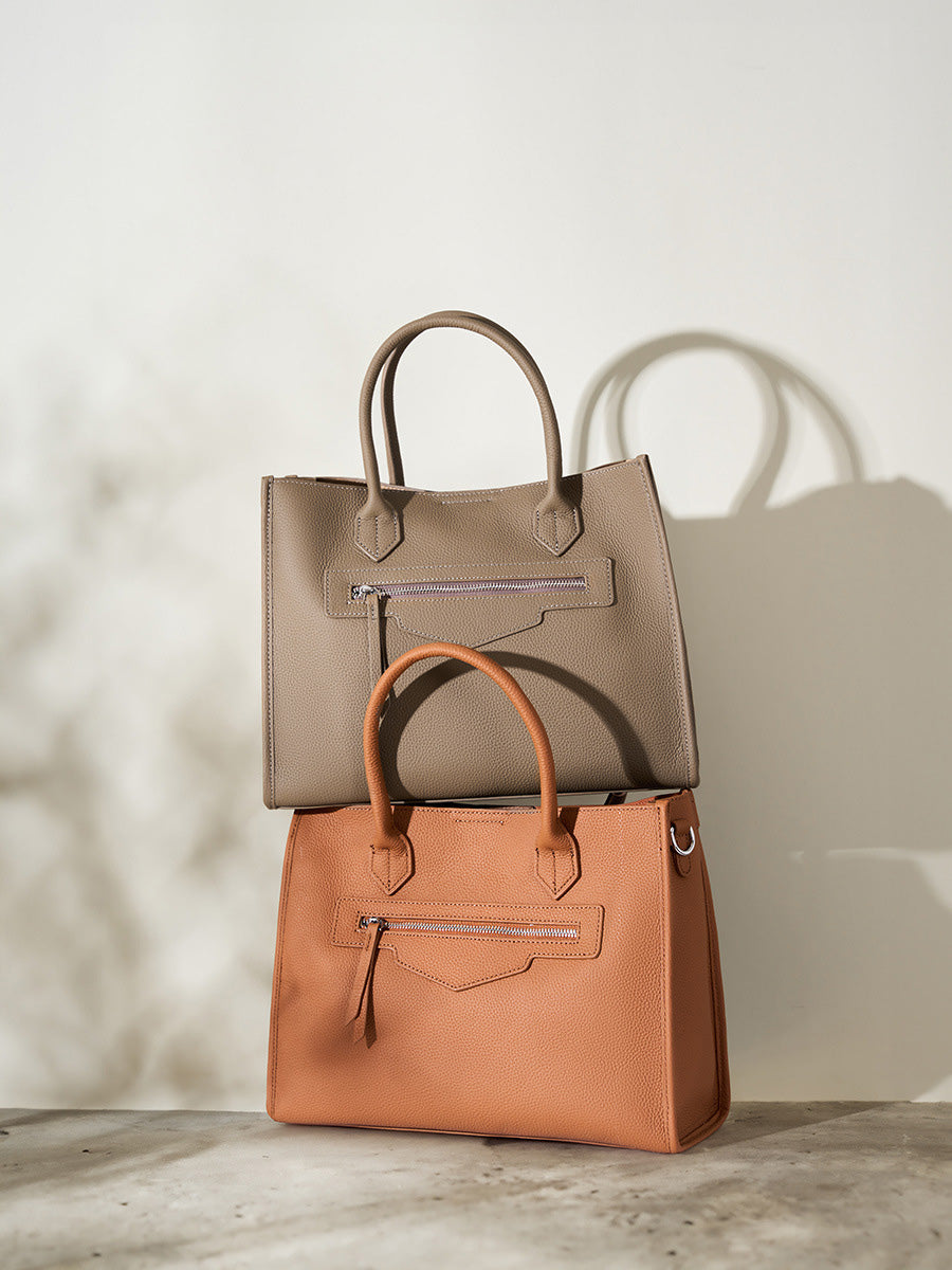 Grain Leather Zip-Pocket Handbag